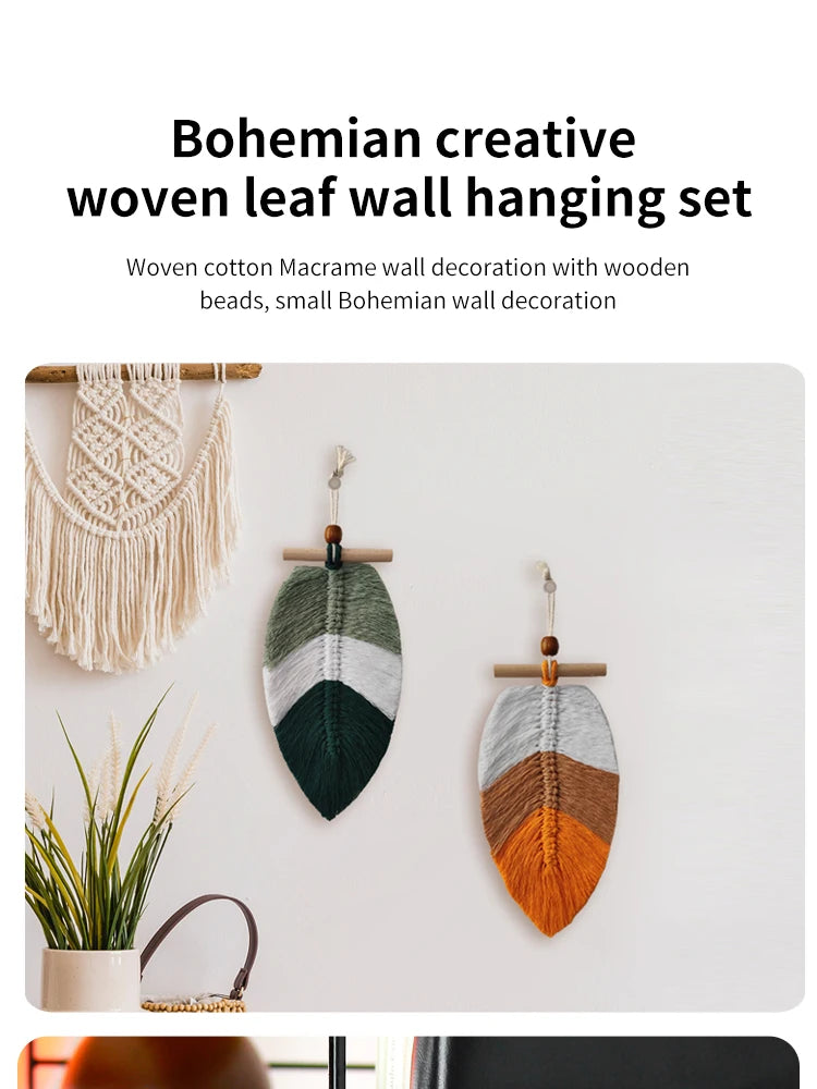 Bohemian Style Woven Leaves Hanging Wall Hanging Tapestry Set of 2 Home Decoration Cotton Thread Decorative Crafts Hangings