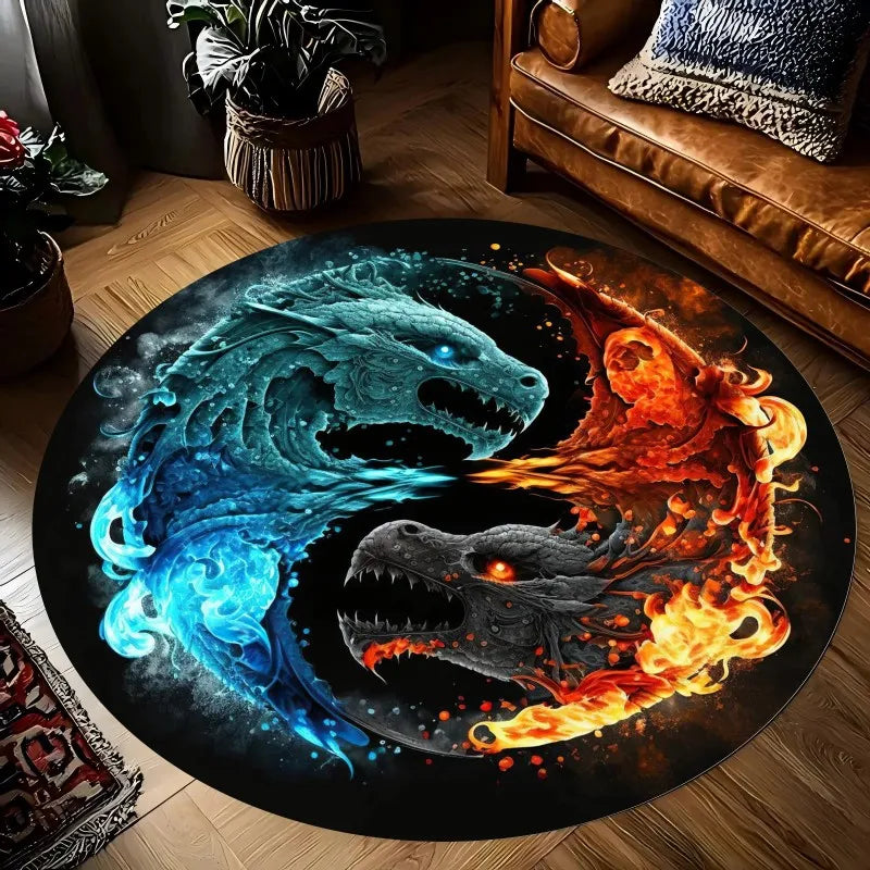 Tapis rond imprimé Yin Yang Dragon et Phénix pour la maison, le salon, la chambre à coucher, antidérapant, lavable, en flanelle