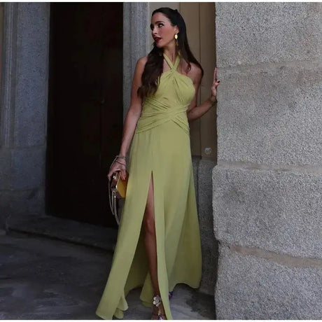 Hanging Neck Strap Split Long Dress Women Wrap Chest Backless High Waisted Slim Fit Robes Summer Chic Female Streetwear Vestido - Lootquake