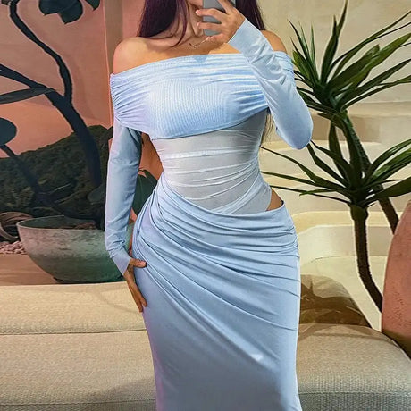 BOOFEENAA See Through Mesh Patchwork Black Long Dress Fall 2024 Sexy Elegant Off Shoulder Long Sleeve Cutout Dresses C66-EZ33 - Lootquake