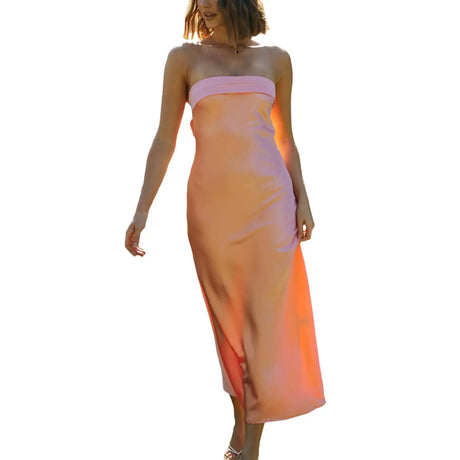 Women Summer Solid Color Party Strapless Dress Sleeveless Backless Elastic Strap Silk Surface Elegant Long Dress - Lootquake