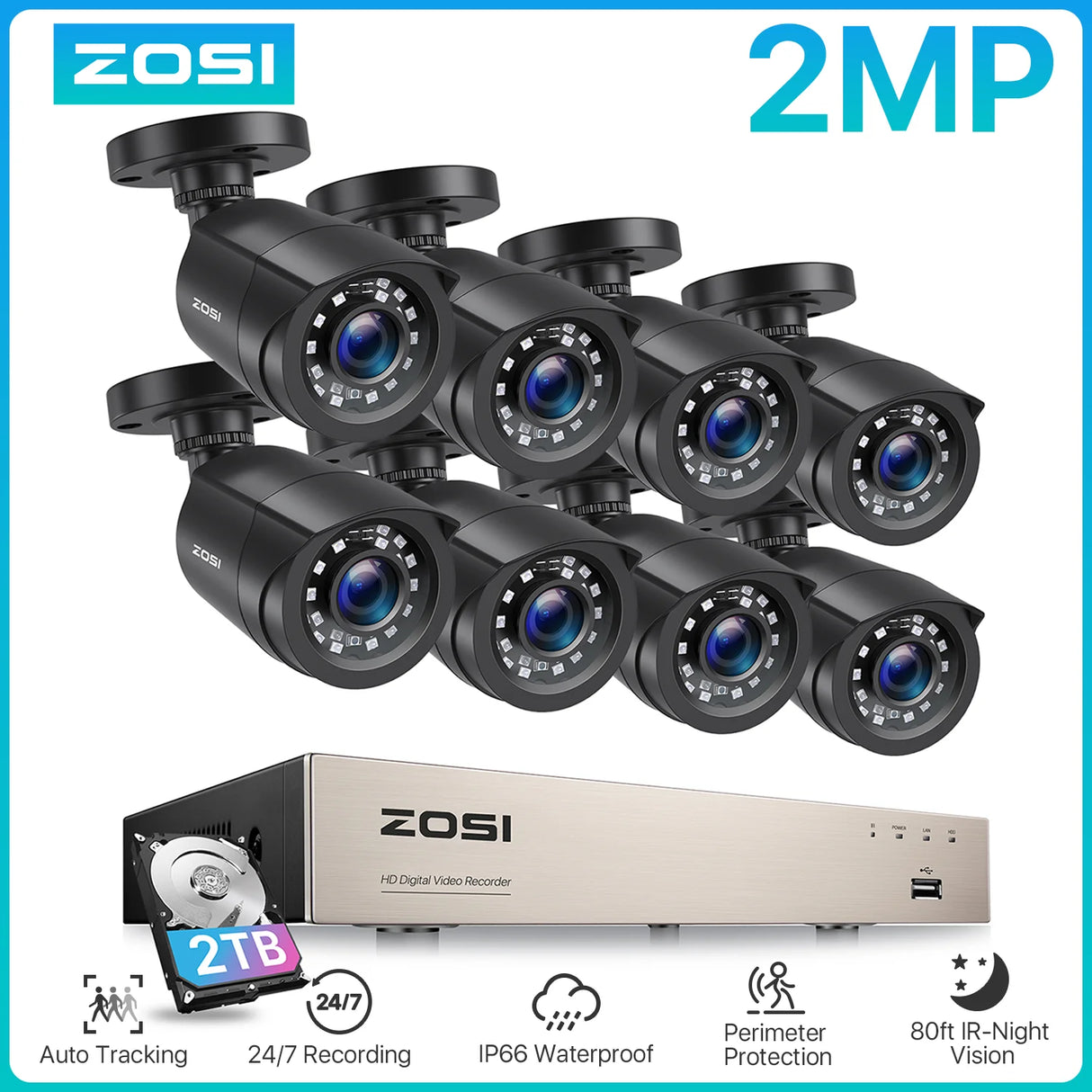 Sistema CCTV ZOSI de 8 canales H.265+, kit DVR Lite HD-TVI de 5 MP, 8 cámaras de seguridad para el hogar con visión nocturna para exteriores de 2 MP y 1080p.