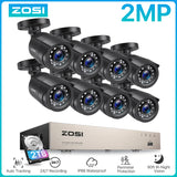 Sistema CCTV ZOSI de 8 canales H.265+, kit DVR Lite HD-TVI de 5 MP, 8 cámaras de seguridad para el hogar con visión nocturna para exteriores de 2 MP y 1080p.