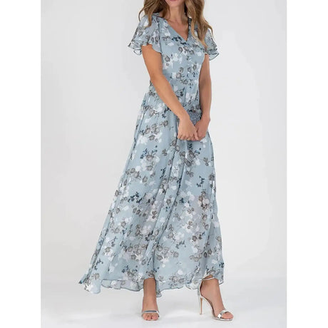 Vestidos Verano Moda 2024 Women's Swing Long Dress Chiffon Floral Short Sleeve Ruffle V Neck Fashion Waist Flowy Dress платье - Lootquake