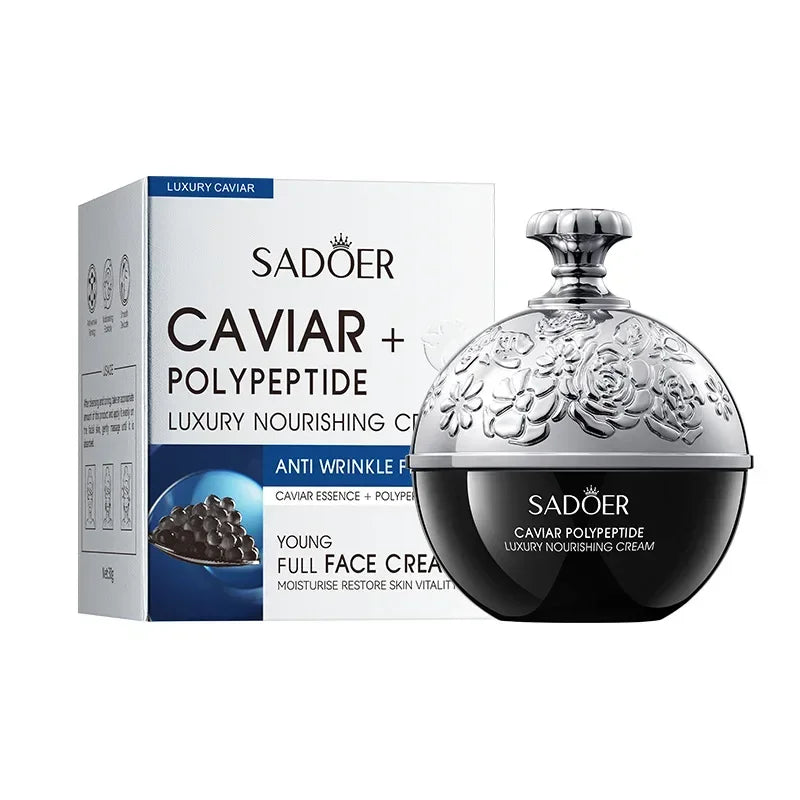 Crema facial antiarrugas con colágeno, perla, reafirmante, caviar, ADN, colágeno sódico, hidratante, suavizante y aclarante. Producto para el cuidado de la piel.
