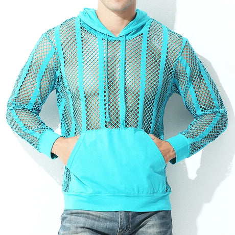 Men Mesh Shirt Transparent Long Sleeve Men Clothing Sexy Solid Party Nightclub Hooded Tops - Lootquake