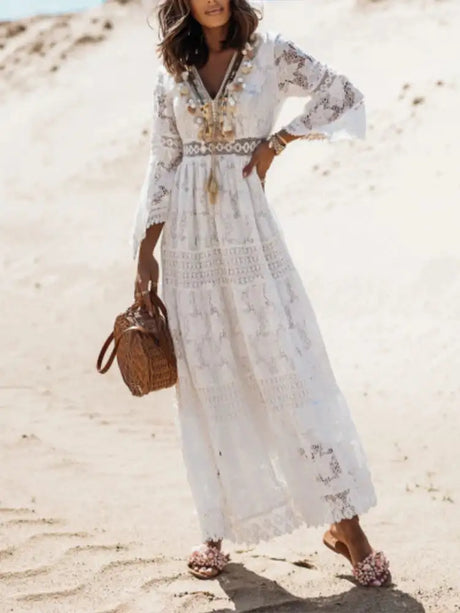 Boho Long Dress Women Summer Lace V Neck Flare Sleeve Sexy Maxi Dress Lady Holiday Party Beach Wedding Dresses Vestidos De Mujer - Lootquake