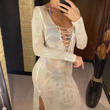 Deep V Dress Lace Up Long Sleeve Women Split Maxi Dress Crochet Knitted Tunic Mesh Sheer Sexy Bodycon Long Dress Vestido V4146B - Lootquake