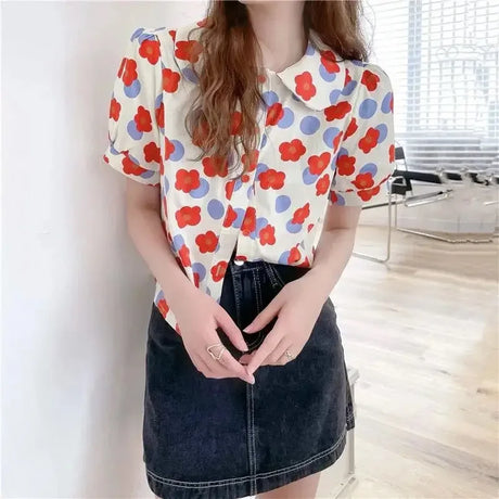 Women Summer Korean Casual Printing Chiffon Loose Polo-Neck Short Sleeve Blouse Women Clothes Sweet All-match Floral Top Tee - Lootquake