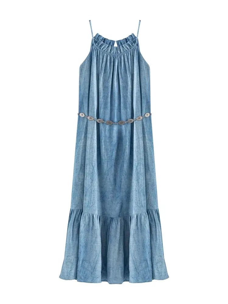 DUSHU Sleeveless Women Long Dress Holiday Style 2024 Summer Strappy Mid-Calf Dress Sashes Decoration Female Dresses 24DS82821 - Lootquake