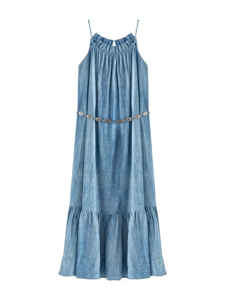 DUSHU Sleeveless Women Long Dress Holiday Style 2024 Summer Strappy Mid-Calf Dress Sashes Decoration Female Dresses 24DS82821 - Lootquake