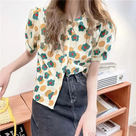 Women Summer Korean Casual Printing Chiffon Loose Polo-Neck Short Sleeve Blouse Women Clothes Sweet All-match Floral Top Tee - Lootquake