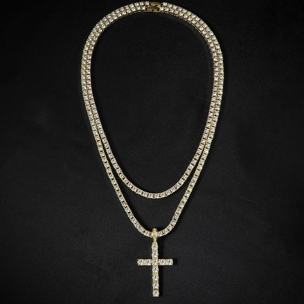Hip Hop Cross Pendant Necklace Strap 4mm Zircon Tennis Chain Iced Out Sparkling Necklace Men Women Punk Jewelry Fashion Gift - Lootquake