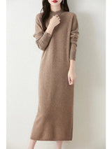 Autumn Winter Women's Wool Long Dress Cashmere Mock Neck Pullover Sweater 100% Merino Wool Soft Knitwear OL Simple Basic Dress - Lootquake