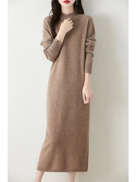Autumn Winter Women's Wool Long Dress Cashmere Mock Neck Pullover Sweater 100% Merino Wool Soft Knitwear OL Simple Basic Dress - Lootquake