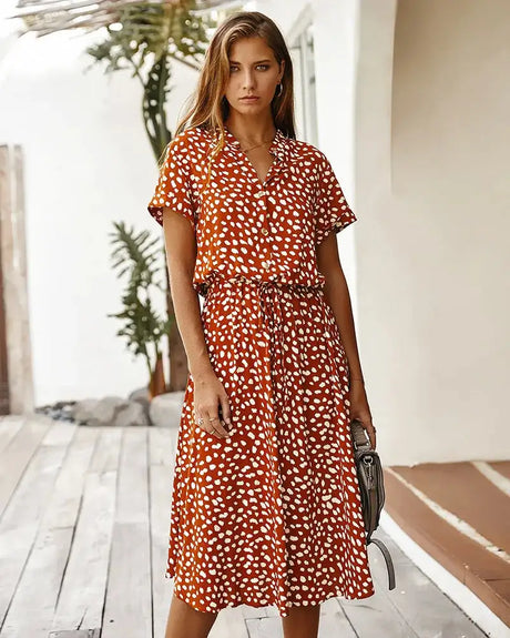 Vintage Floral Print Dress Women Boho Short Sleeve Long Dress Turn Down Collar Casual Waistband Shirt Dresses Robe 2021 Summer - Lootquake