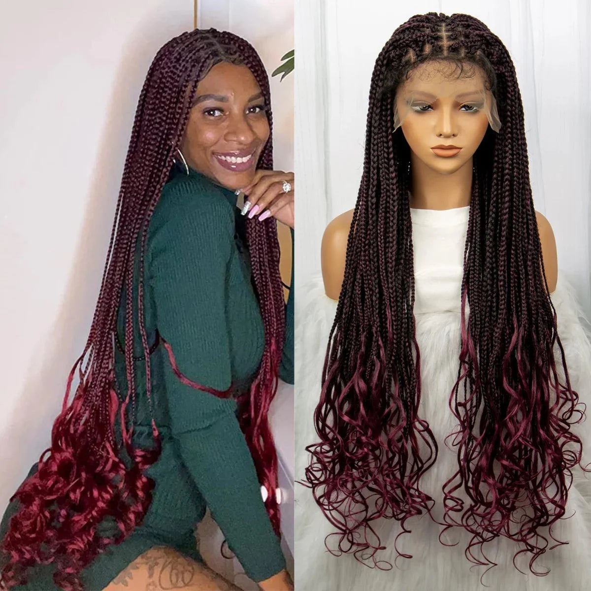 36 Inch Synthetic Braided Wigs Knotless Boho Braided Lace Wigs with Curly Ends Lace Front Braiding Hair Wig for Black Women