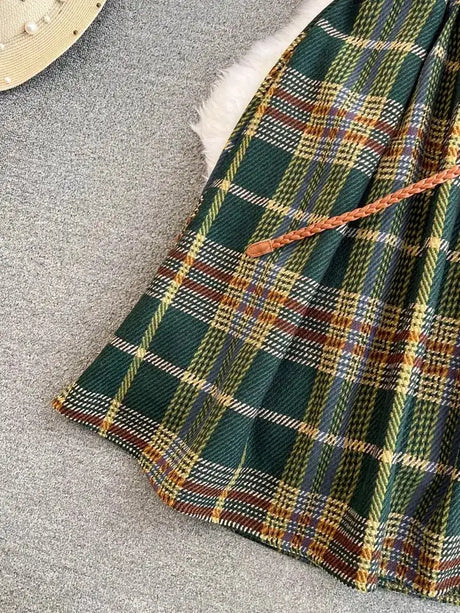 Autumn Winter Plaid Woolen Dress Women Vintage V Neck Sleeveless Long Dress With Belt Streetwear Sundress - Lootquake