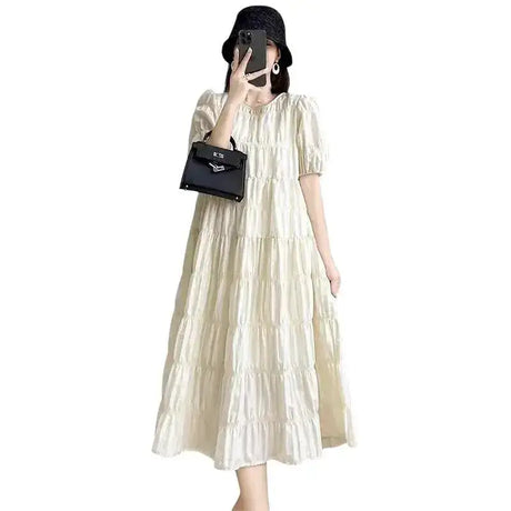2025 Summer Maternity Pleated Dress Solid Color Loose Pregnant Woman Long Dress Short Sleeve Plus Size Pregnancy Ball Gown Dress - Lootquake