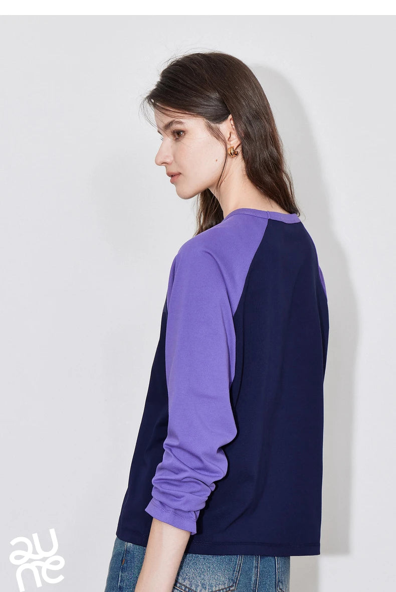 TOYOUTH Women T-shirt 2024 Autumn New Denim Bow Contrasting Color Raglan Sleeve Pullover Casual Tops
