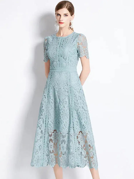 SMTHMA Vintage High-End O-Neck Short Sleeve Lace Hollow Out Dress For Women's Summer Slim Elegant Long Dress Female Clothing - Lootquake