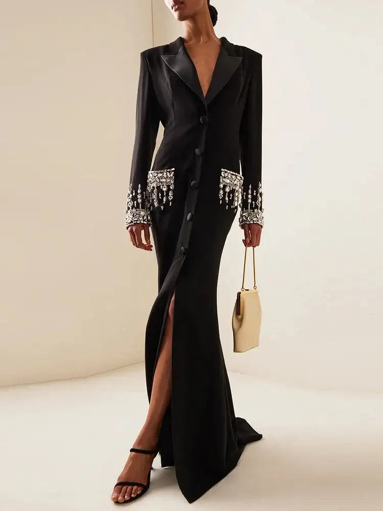 HIGH STREET Newest 2025 Designer Fashion Women's Long Sleeve Notched Collar Rhinestone Diamonds Beading Maxi Long Dress - Lootquake