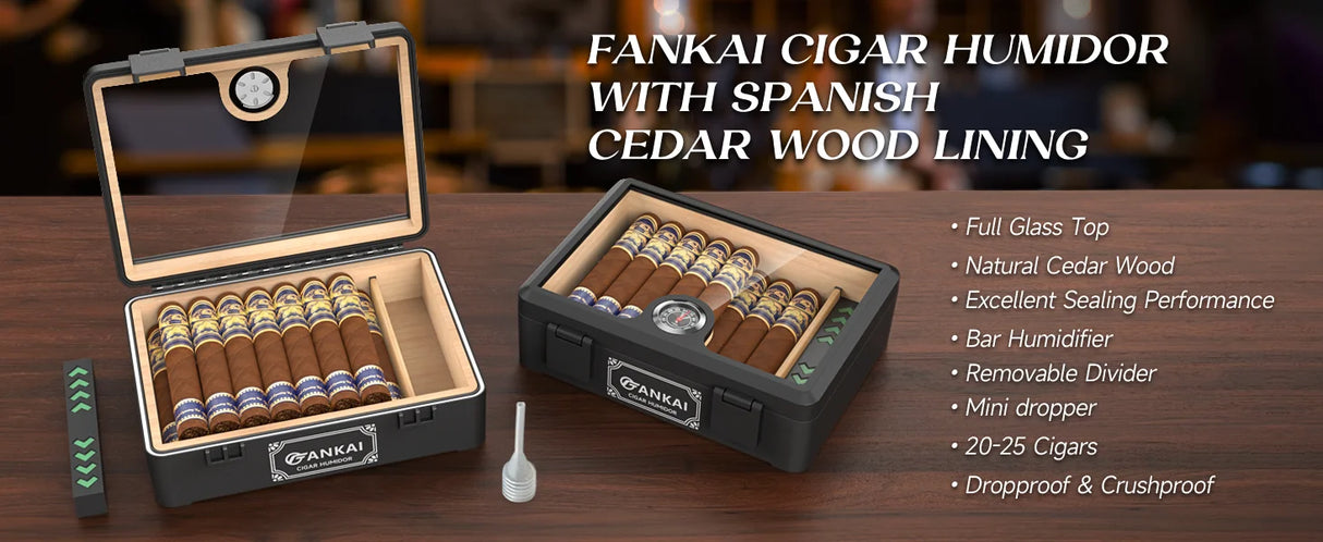 Cigar Humidor,Full Glass Top Cigar Box with Humidifier and Hygrometer,Crushproof Case,Cedar Wood Lining Storage for 20-25 Cigars