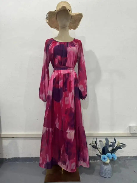 Eid Chiffon Muslim Party Dress for Women Ramadan Print Abaya Long Dress Belt Morocco Vestidos Largos Dubai Robe Jalabiya 2024 - Lootquake