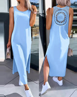 Hollow Out Solid Long Dress Women Fashion Sleeveless O-neck Maxi Dresses For Women 2024 Summer Women's Slim Split Vestidos Black - Lootquake