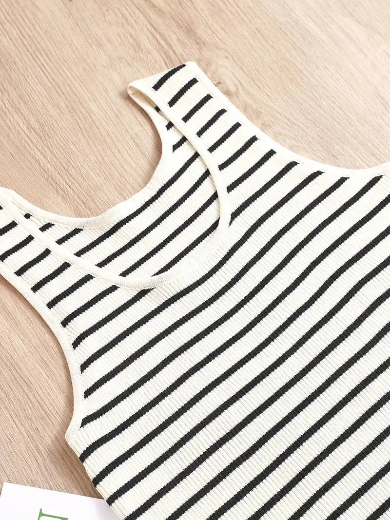 Top Women's loose-fitting striped, spicy Casual Sleeveless Top with round neckline and off-the-shoulder outdoor tank top, summer - Lootquake