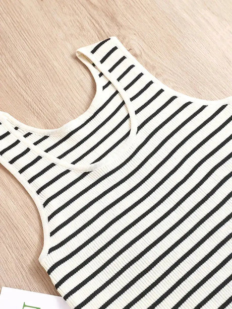 Top Women's loose-fitting striped, spicy Casual Sleeveless Top with round neckline and off-the-shoulder outdoor tank top, summer - Lootquake