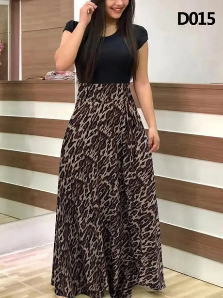 Women Floral Dot Print Patchwork Long Dress Summer Casual Short Sleeve O-Neck High Waist Robe Boho Beach Maxi Sundress Vintage - Lootquake