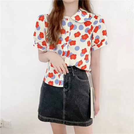 Women Summer Korean Casual Printing Chiffon Loose Polo-Neck Short Sleeve Blouse Women Clothes Sweet All-match Floral Top Tee - Lootquake