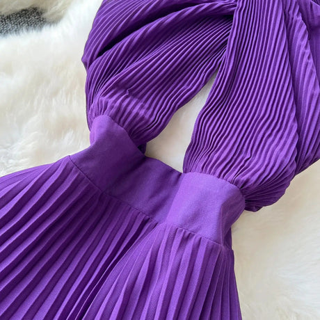 SINGREINY Sexy Halter Pleated Dress Women Summer Hollow Out Cross Lace Up Zipper Design Sleeveless Backless Elegant Long Dress - Lootquake