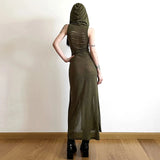 Trendy Hooded Sleeveless Long Dress Korean Style Ladies Lace Up Bodycon Sexy Split Dress Gothic Hip Hop Grunge Maxi Dress - Lootquake