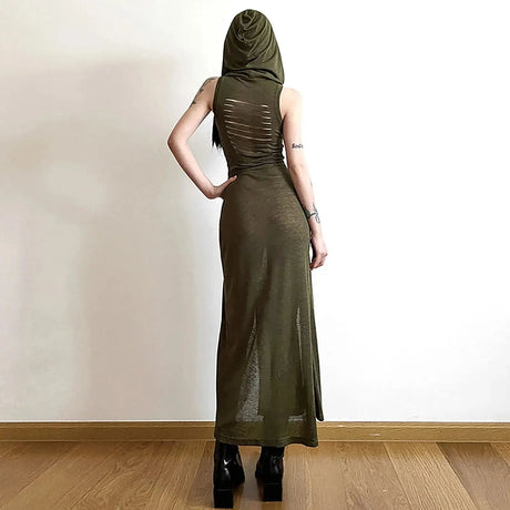 Trendy Hooded Sleeveless Long Dress Korean Style Ladies Lace Up Bodycon Sexy Split Dress Gothic Hip Hop Grunge Maxi Dress - Lootquake