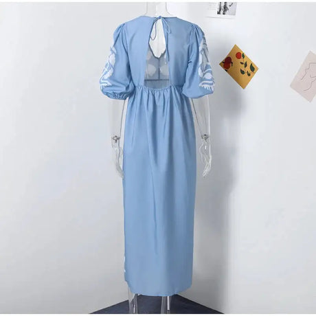 Elegant Print Half Puff Sleeve Dresses Women Loose V-neck Lace Up Backless Long Dress 2024 Summer New Ladies Chic Beach Robes - Lootquake