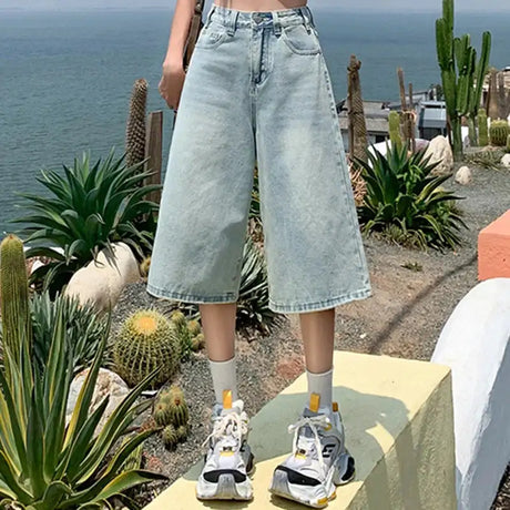 Female Summer American Vintage Baggy Denim Cropped Pants Woman High Waist Washed Wide Leg Jeans Light Blue Loose A Line Shorts - Lootquake