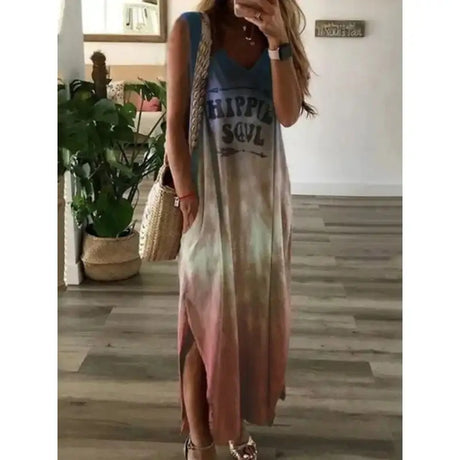Women's Oversized Sleeveless Pocket Long Dress Women's Tie Dyed Letter Long Dress Casual Loose Slit Gradient Printed Dress - Lootquake