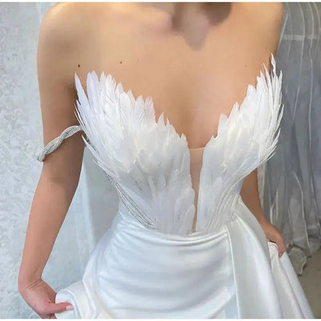 White Angel Feather Dress Luxury Design Women's Off Shoulder Elegant Long Dress Halloween Christmas Party Evening Wedding Dress - Lootquake