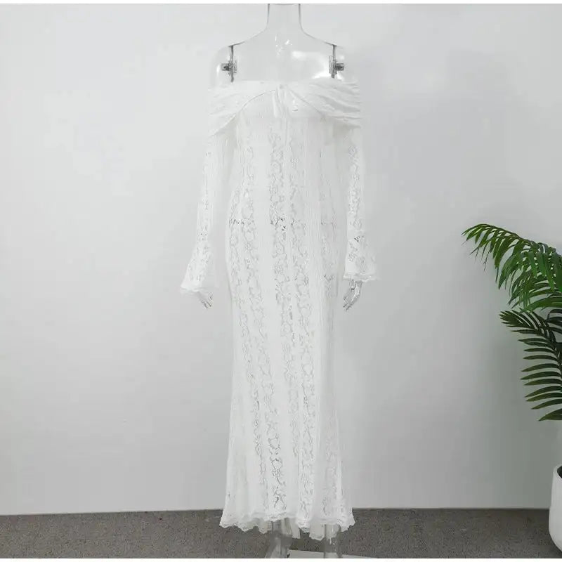 Lace Hollow Out One-shoulder Slim Long Dress For Women Solid Lace Up Waistless Dresses 2024 Chic Sexy Female Party Date Robes - Lootquake