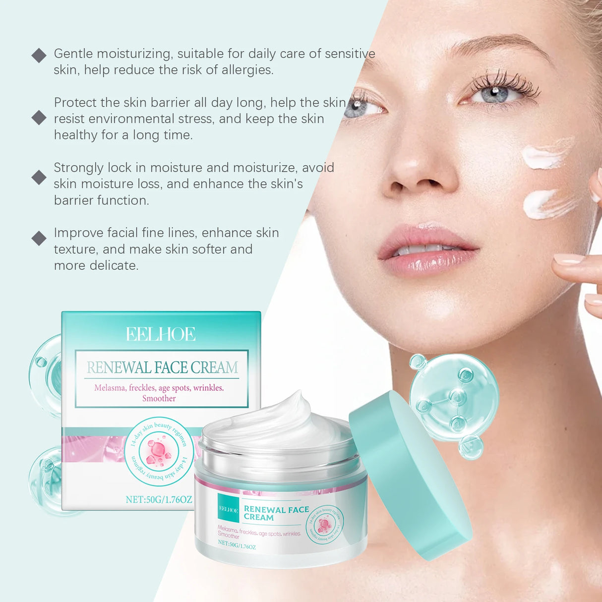 Crema facial reafirmante con colágeno, renovación, nutrición profunda, reducción de manchas oscuras, pecas, aclaramiento, piel suave, lifting, crema reafirmante.