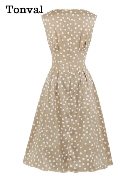 Tonval Khaki Color High Waist Elegant Polka Dot Women Vintage Long Dress Sleeveless Pocket Side Ladies Midi Dresses Retro - Lootquake
