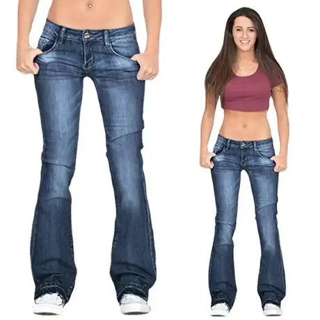 Strecth Jeans Washed Mid Waist Denim Flare Pants Women Streetwear Floor Length Pockets Denims Autumn Female Vintage Trousers - Lootquake