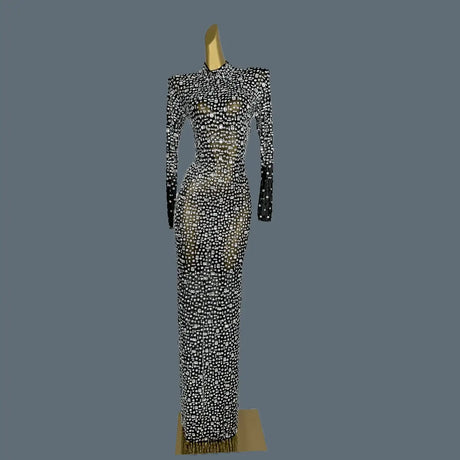 Stunning Evening Gown Long Dress Birthday Celebrate Luxurious Costume Sparkly Big Rhinestone Dancer Flashing Party Dress Gesebei - Lootquake