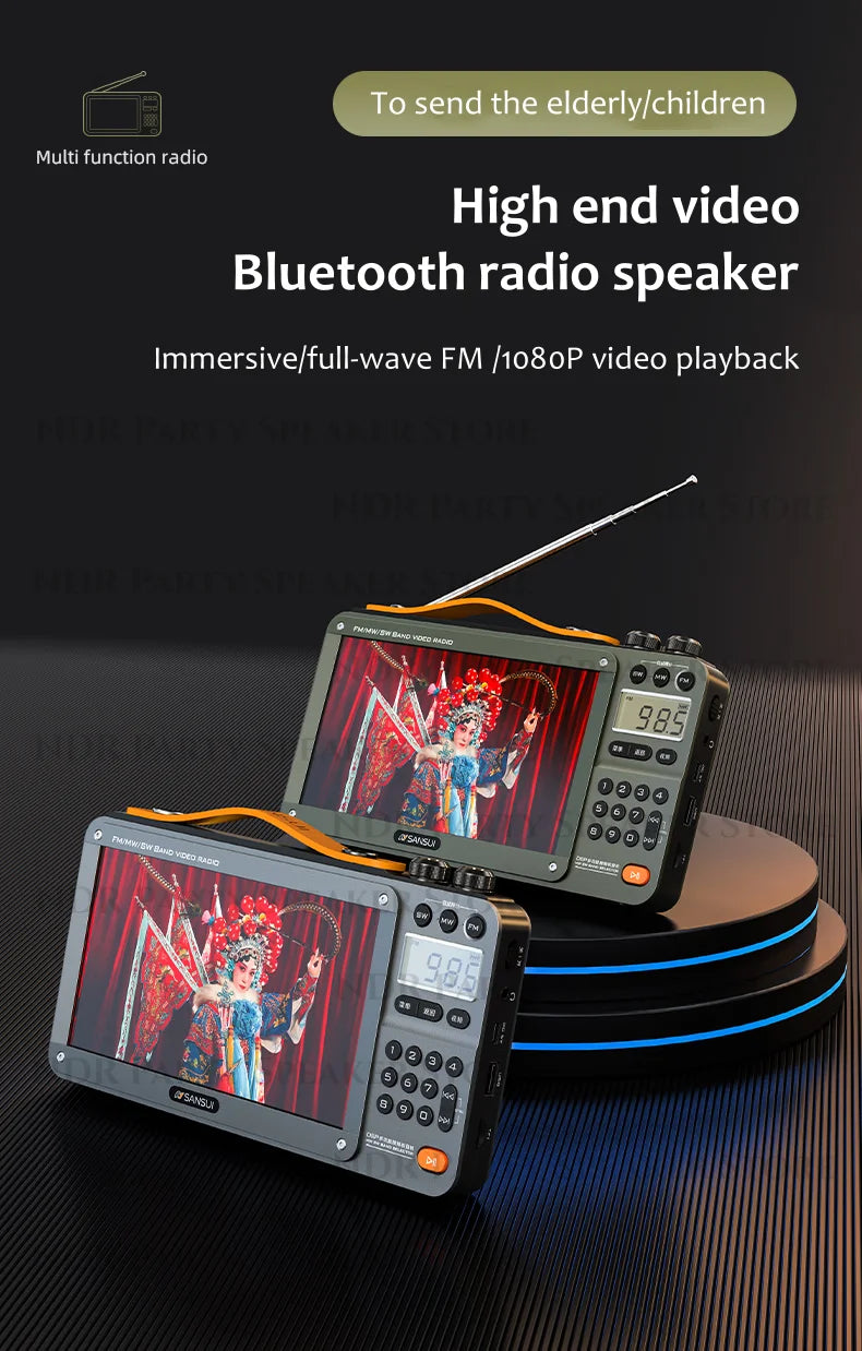Enceintes Bluetooth sans fil SANSUI, radio pleine bande, lecteur vidéo LED HD, baladeur MP4 portable, batterie rechargeable intégrée