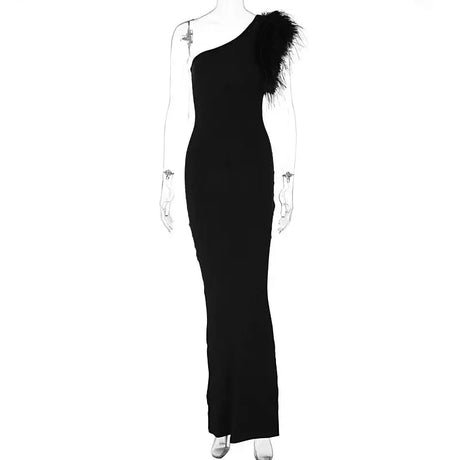 BWQ Black Sleeveless One Shoulder Feather Maxi Dress For Women Bodycon Sexy Party Elegant Long Dress Birthday Evening Outfit - Lootquake