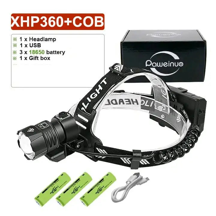 Linterna frontal de pesca de alta potencia XHP360 de 1000000 LM, recargable, para camping, senderismo, LED, con batería externa