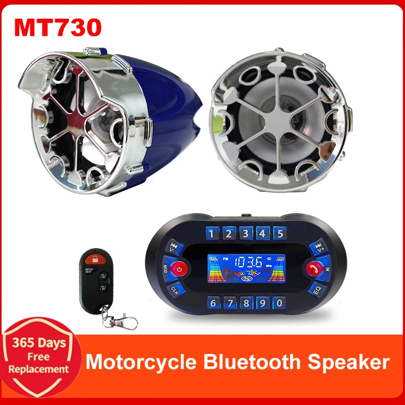 Altavoz Bluetooth para motocicleta con amplificador de salida de 2,1 A, reproductor de música MP3, sirena de alarma antirrobo, altavoz estéreo USB, radio FM MT730