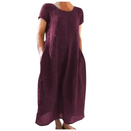 Spring Summer Woman Long Dress Office Lady Fshion Casual Loose Solid O-neck Short Sleeve Dresses For Women 2024 Female Robe - Lootquake